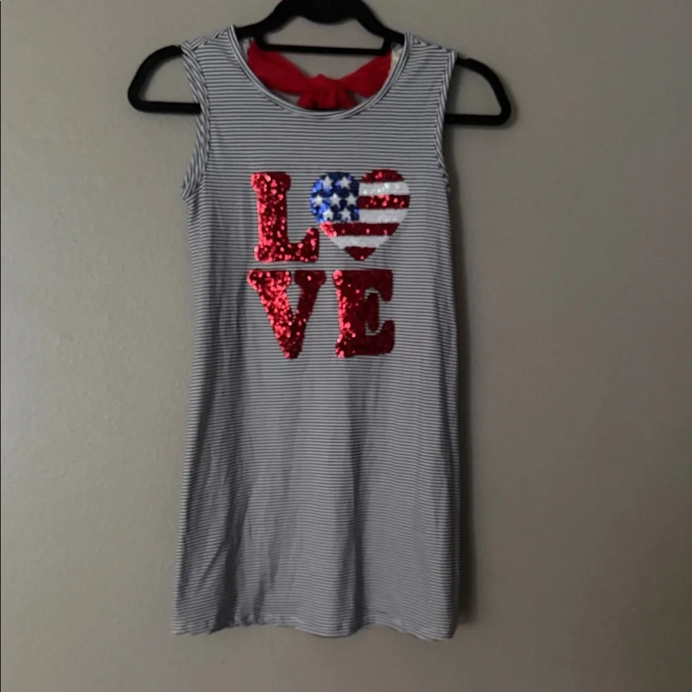 btween Navy & White Striped Tank Dress with Red Sequin LOVE and Flag Heart